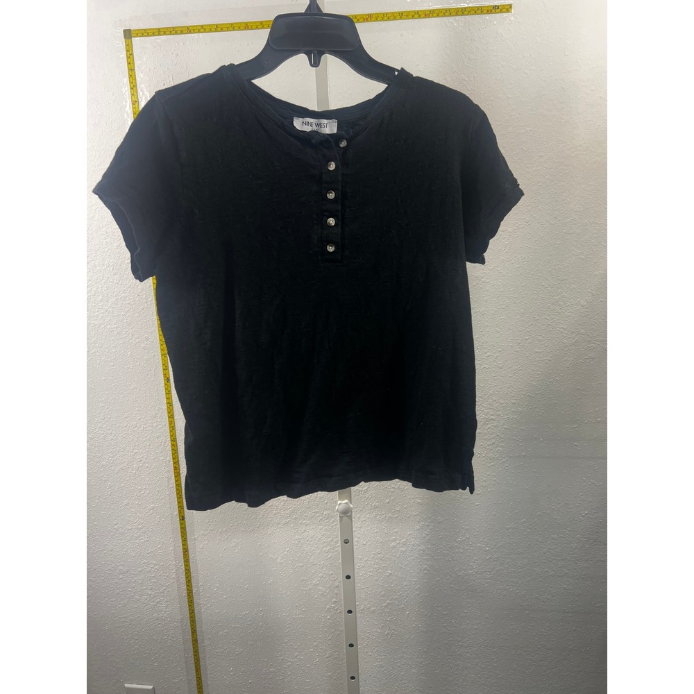 Nine West Jeans Black Short Sleeve Henley Top Button Front Slub‎ Knit Shirt M